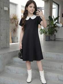 SHEIN Tween Girls Black & White Contrast Collar A-Line Dress, Cute & Sweet For Casual, Holiday, Party Wear - Black and White - View 6