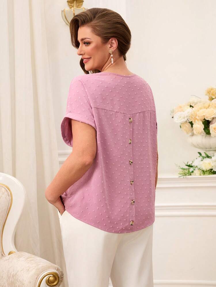 Plus Size Women Summer Casual Vacation Solid Color Swiss Dot V-Neck Buttoned Back Batwing Sleeve Loose Blouse Tops For Women Elegant Pink Tops Plus Size Summer Tops Women Tops Women Summer Eyelet Top For Women
