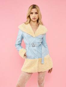 OverBlushhh 女士蓝色仿皮修身外套，系带仿毛皮，Y2K风格，可爱，性感，外套，日常穿着，派对，生日，情人节 - 藍色 - 查看 1