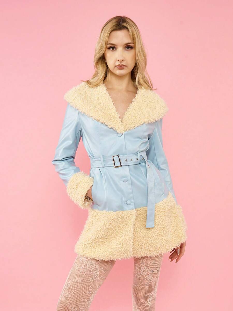 OverBlushhh 女士蓝色仿皮修身外套，系带仿毛皮，Y2K风格，可爱，性感，外套，日常穿着，派对，生日，情人节 - 藍色 - 查看 1