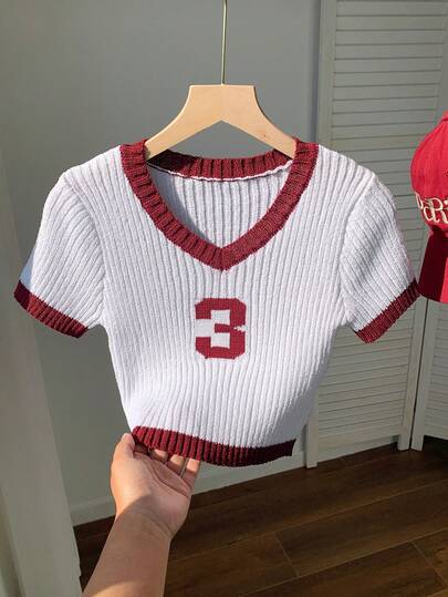 Comfortcana 女士针织V领数字撞色纹理图案休闲时尚修身毛衣上衣，适合春夏穿着