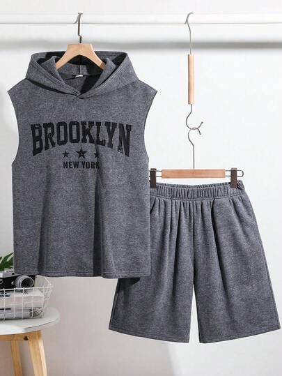 SHEIN 2pcs Kids/Teen Boys' Casual Hooded Sleeveless Top And Round Neck Short Sleeve T-Shirt With Shorts Set, Suitable For School, Outings, Sports, Holidays, Party, Spring/Summer