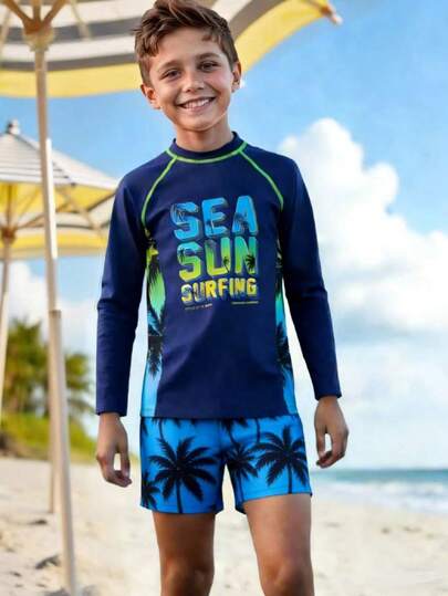 SHEIN Tween Boys Swimwear; Swimwear For Boys (Large Size), Sports Surfing, Deep Blue, Gradient Color Beach Coconut Tree Printing, Letters, Fabric, Five-Line Stitching Two-Piece Set, Separate Swimsuit   Four-Piece Swim Trunks, Blue Top And Pants Gradient Color Sports Multi-Color Knitted Tropical Tree Letters Printing Knitted Top And Shorts Separate Swimsuit Set, Fashion Sports Style Suitable For Swimming Suitable For Summer Vacation Summer Beach Seaside Swimming Pool Swimming Pool Summer Vacation Party Leisure Tween Rash Guards Tween Boy Swim Sets