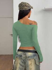 StreetHx Women's Eyelet Decor Fitted Long Sleeve T-Shirt, Early Autumn - Mint Green - View 2
