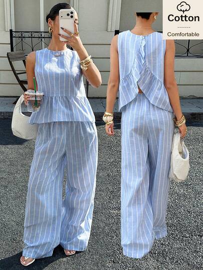 Siren Gaze Women Striped Ruffle Hem Camisole And Wide Leg Pants Casual 2 Pieces Set Striped Lapel Sleeveless & Long Pants Pajama Set Women Striped Pajamas Blue And White Striped Pajamas Summer Pajamas For Women Women Pajama Set Sleepwear Set Women  Cozy And Elegant Details  Women's Autumn Striped Pajama Set Loose Round Neck Top Elastic Waist Pants Can Be Worn As Outerwear Home Clothes Set  Fashionable Temperament Y2K Open Back Low Rise Baggy Straight Wide Leg  Bule Sets