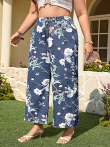 EMERY ROSE Plus Size Women Floral Print Loose Wide Leg Jeans - Multicolor - View 4