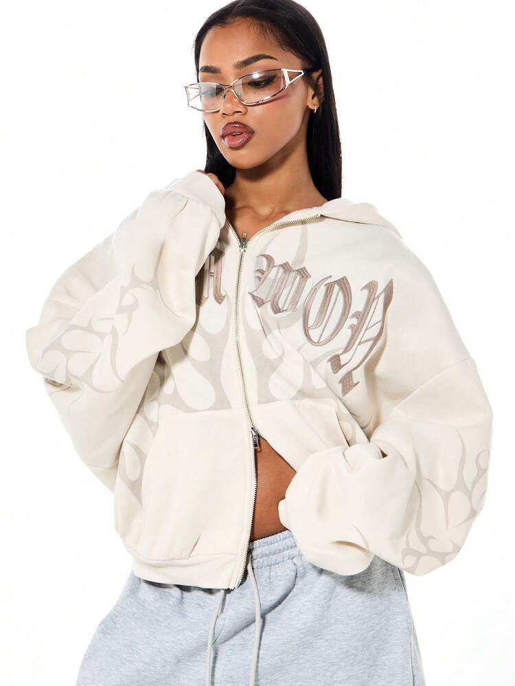 SUMWON WOMEN Sudadera con capucha con cremallera y texto gráfico, de corte holgado y cómodo, con cordón, para un estilo casual de otoño e invierno - Caqui - Añade 4