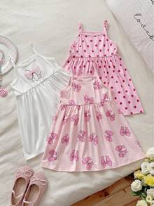 Little Girl Cute Bow Pattern Semi-Sheer Polyester Short Cami Dress With Flared Hem Design - Multicolor - View 3