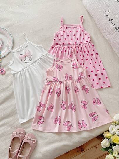 3件套女童弹力碎花无袖连衣裙套装，适合夏季度假和派对穿着，休闲条纹拼接吊带连衣裙，中等弹力