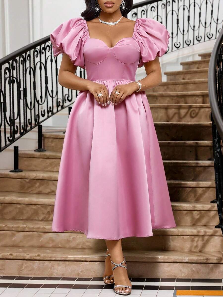 SHEIN Lady 女士纯色心形领泡泡袖优雅中长连衣裙 - 粉色 - 查看 1