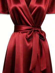 SHEIN Franclia Women's Red Dress For New Year & Christmas, Elegant Party Wear, High Gloss Draped Satin Dress Red Satin Dress Red Cocktail Dress Dinner Outfits For Women Red Wrap Dress Women's Red Dress Red Outfits For Women Women's Dress Casino Night Outfit For Women - Red - View 4