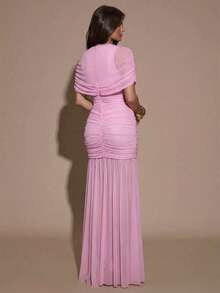 SHEIN BAE Đầm ôm sát người với chân váy xếp ly thanh lịch, thích hợp cho tiệc cocktail, hẹn hò lãng mạn, mặc nhiều lớp vào mùa thu/đông, dự tiệc, họp mặt trang trọng, Halloween, Giáng sinh. - Màu Hồng baby - Xem 2