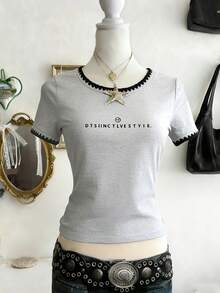Lalippa Fashionable Casual Shell Embroidery, Letter Print, Round Neck Fitted Women Short Sleeve T-Shirt, Suitable For Daily And Important Occasions - Grey - View 3