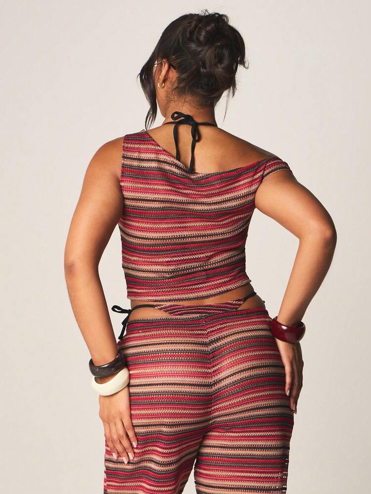 MISSGUIDED Striped Knit Asymmetric Off-Shoulder Top For Beach Vacation Summer Lounge