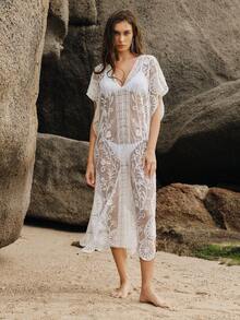SHEIN Swim Chicsea Women's Sheer Mesh Beach Cover Up Swimsuit Dress, Summer - White - View 5