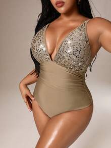 Auralis 大码亮片深V领连体泳衣 - 卡其色 - 查看 5