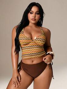 Auralis Conjunto de bikini de verano de talla grande con patrón ondulado retro y espalda cruzada a la moda - Multicolor - Ver 6