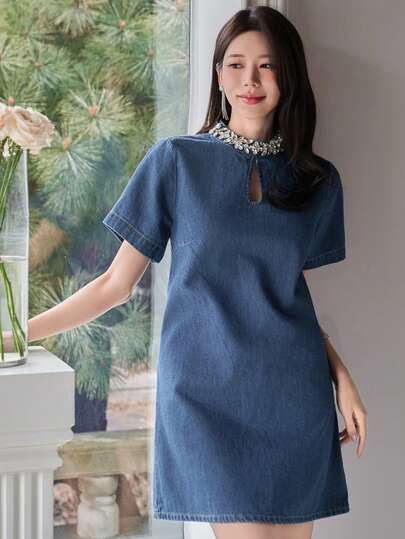 DAZY Women's Casual Rivet Studded Stand Collar Straight Short Denim Dress, Summer