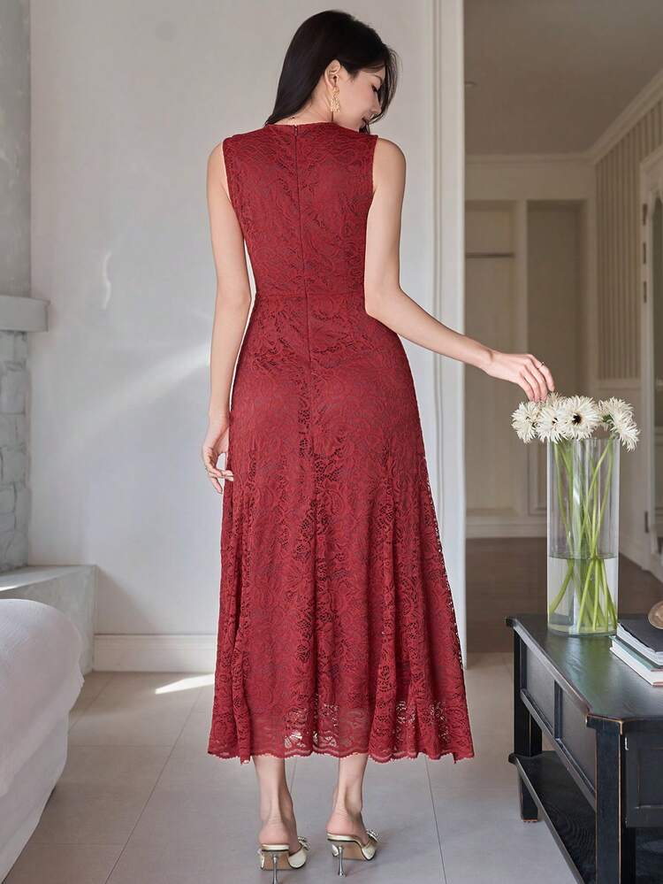 Women's Elegant Solid Color Lace Round Neck Sleeveless Long Dress, Summer Wedding Guest Dress Sundress