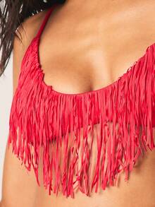 MISSGUIDED Fringe Triangle Bikini Top With Tassel Detail Spaghetti Strap Swimwear For Beach Summer Vacation Pool Party - Red - View 4
