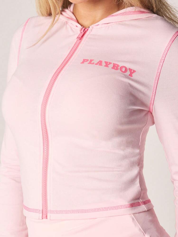 Missguided x Playboy Bluza z kapturem i długim rękawem, zapinana na zamek, z nadrukiem logo z przodu, w kolorze różowym, z polaru, na jesień i zimę dla kobiet