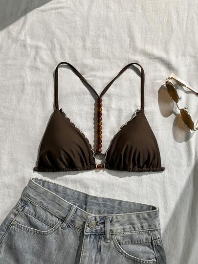 Swim Mod Women's Brown Floral Embroidery Ruffled Swimsuit Top, 26SS Spring/Summer Resort