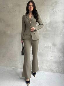 Firerie Bộ vest nữ thanh lịch kiểu cổ điển gồm áo blazer và quần ống loe ôm sát. - Màu Khaki - Xem 6