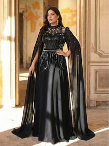 Aureia 大码优雅浪漫黑色圆领喇叭袖奢华亮片装饰雪纺A字连衣裙，适合婚礼、派对、正式场合（重工装饰设计） - 黑色 - 查看 7