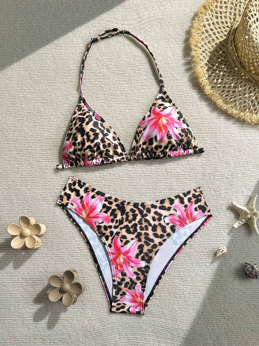 SHEIN بكيني بحمالات رفيعة مطبوع بنمط الفهد والزهور للفتيات المراهقات، للشاطئ والعطلات الصيفية - متعدد الألوان - مشاهدة 1