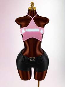 Amplova Women's Sexy Backless Star Print Top, Shiny Pink Fabric, Suitable For Music Festivals, Cute & Sexy - Pink - View 7