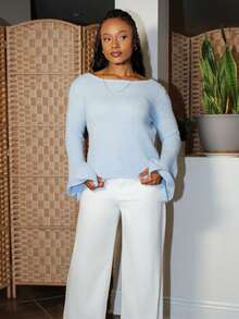 Steph T 女士新款优雅休闲日常百搭都市通勤套头针织毛衣，蓝色圆领长喇叭袖，开衩袖口，适合秋冬季，教师装，舒适秋季 - 藍色 - 查看 3