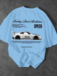 Glimmora Áo thun nam tay ngắn cổ tròn in hình khẩu hiệu và xe hơi, kiểu dáng thường ngày, thích hợp cho mùa hè. - Màu xanh lam - Xem 3