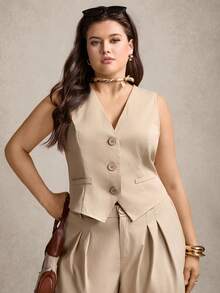 Zelara Bộ đồ nữ cỡ lớn màu trơn gồm áo vest một hàng cúc và quần short Bermuda xếp ly có túi, kiểu dáng thường ngày. - Màu Khaki - Xem 4