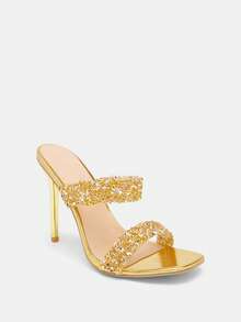 Glitzique 时尚女士果冻带高跟凉鞋 果冻带双水钻装饰凉鞋 简约风格拖鞋 方头拖鞋 镀金细高跟拖鞋 户外和普通女士拖鞋 金属金色女士拖鞋 - 金色 - 查看 8