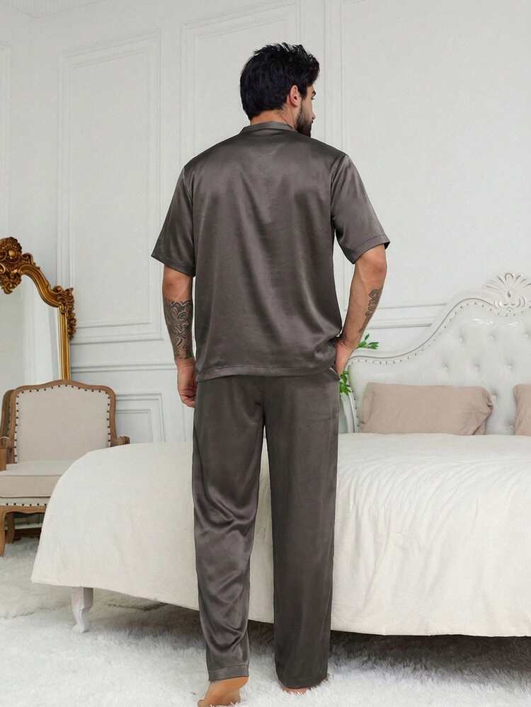 Men's Satin Pajama Set With Short Sleeve Top And Long Pants, Dark Grey, Summer