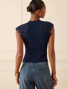 Lilora Blusa casual ajustada con cuello mao y parches de encaje para mujer - Azul - Ver 3