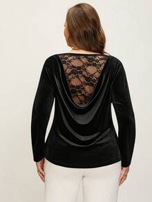 Comfylo 女士休闲百搭日常单品天鹅绒蕾丝拼接高领长袖T恤 - 黑色 - 查看 8