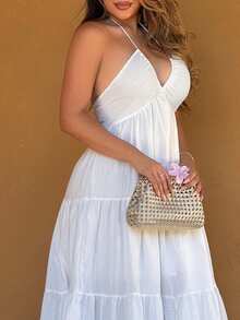 Maria Perezxox Women's Romantic Floral Printed Beach Vacation Halter V-Neck Pleated Backless A-Line Dress For Summer Hawaii,Summer Dresses For Women,Tea Party Dress,White Graduation Dress - White - View 3