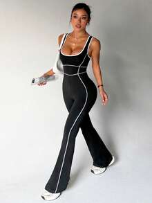 With My Calm 女士瑜伽户外健身连体裤，宽肩带，紧身喇叭裤，撞色条纹 - 黑色 - 查看 3