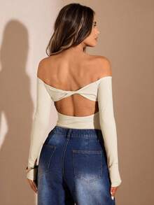 SHEIN BAE 1 chiếc áo liền thân nữ màu đen trơn, tay dài, hở vai, không lưng, kiểu dáng thanh lịch, thích hợp mặc nhiều lớp vào mùa thu/đông. - Màu be - Xem 2