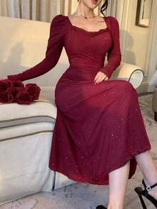 DAZY Women's Solid Color Sweetheart Neck Puff Sleeve Long Sleeve Elegant Dress, Back To School Season Dress - Burgundy - View 2