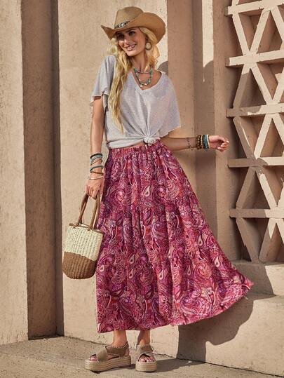 Wildy BOHO Casual American Western Country Retro Paisley Vacation Women's Basic Everyday Wear Skirt, Suitable For Outings And Commuting, Spring/Summer