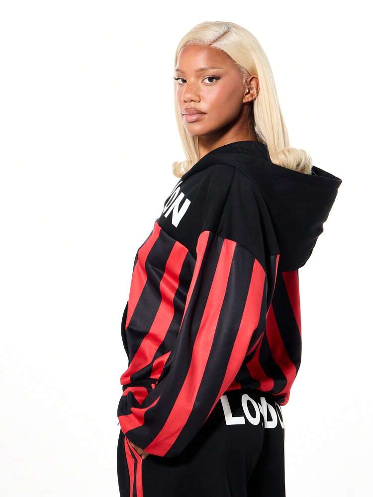 SUMWON Boxy Fit Women Oversized Hoodie With Red Black Vertical Stripes Full Zip Front Hooded Sweatshirt Casual Comfort Fall Winter Streetwear