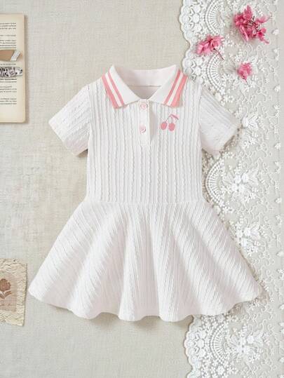 SHEIN Baby Girls' Solid Color Cute Cherry Embroidered Polo Collar Dress, Summer