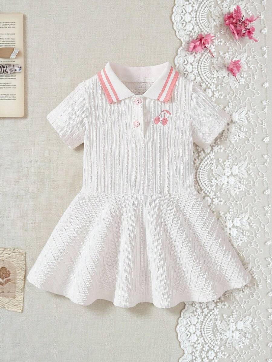 SHEIN 女婴纯色可爱樱桃刺绣Polo领连衣裙,夏季 - 白色 - 查看 1