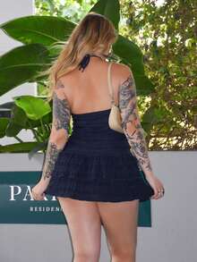 Arliah Vestido corto de verano para mujer con cuello halter, nudo en la cintura y volantes - Azul Marino - Ver 2