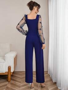 Opuloom Áo cánh nữ cổ vuông tay raglan viền ren phối cùng quần ống đứng thông thường, trang phục thường ngày thanh lịch tinh tế thích hợp cho các buổi tụ họp, thoải mái cho mùa thu/đông - Màu xanh lam - Xem 2