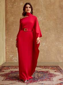 ZEYLAH Rochie maxi arabe elegantă, simplitate, culoare solidă, cu mâneci evazate, cu talie largă, oblică, cu halter și umeri - roșu - Vizualizare 5