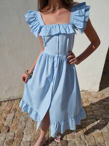 CasuGlow Robe mi-longue bleue - avec des manches volantées douces, un buste ajusté, une taille haute, un ourlet évasé, une fente latérale élégante - Bleu azur - Voir 7