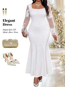 Fleurora Vestido sereia elegante de festa com detalhes em renda e cintura marcada, tamanho plus size, para mulheres. - Branco - Ver 2